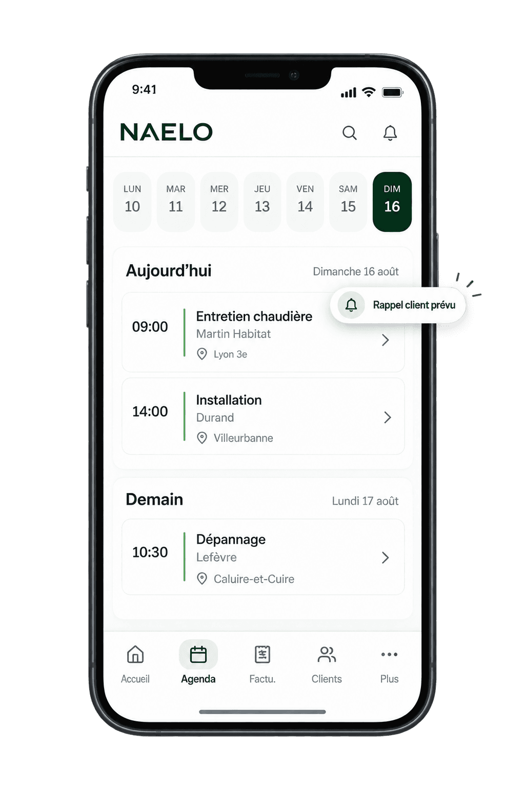 Illustration NAELO d’un agenda mobile avec trois interventions et un rappel client