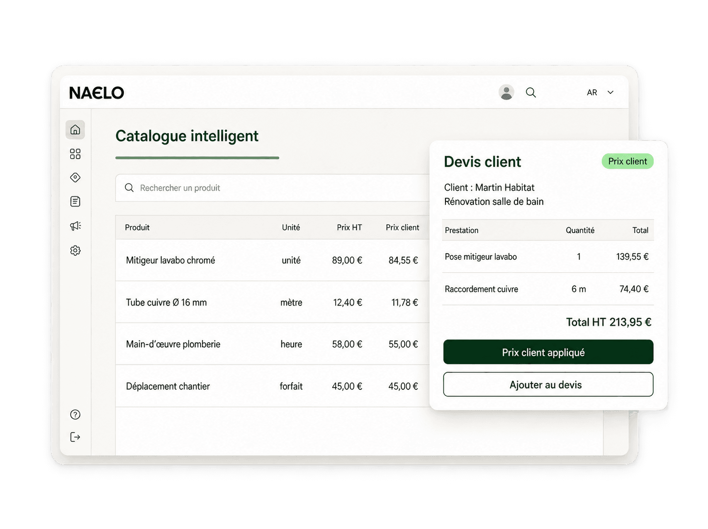Illustration du catalogue intelligent et d’un devis avec prix client dans Naelo