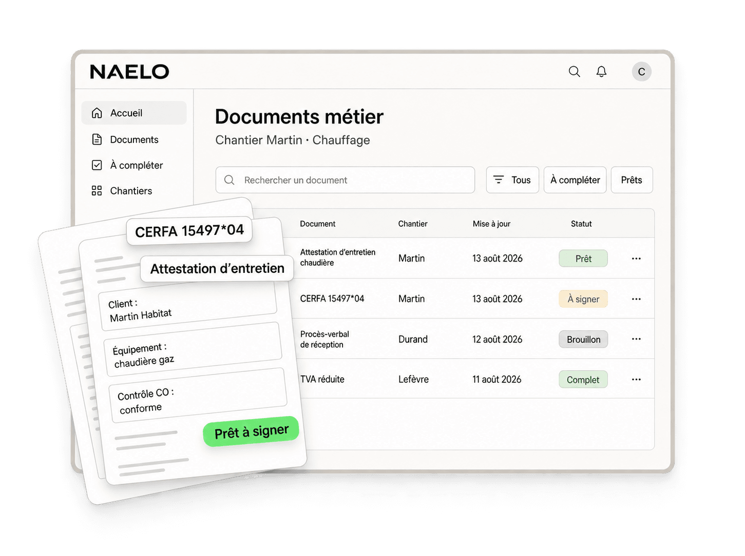 Illustration des documents métier, Cerfa et attestations dans Naelo