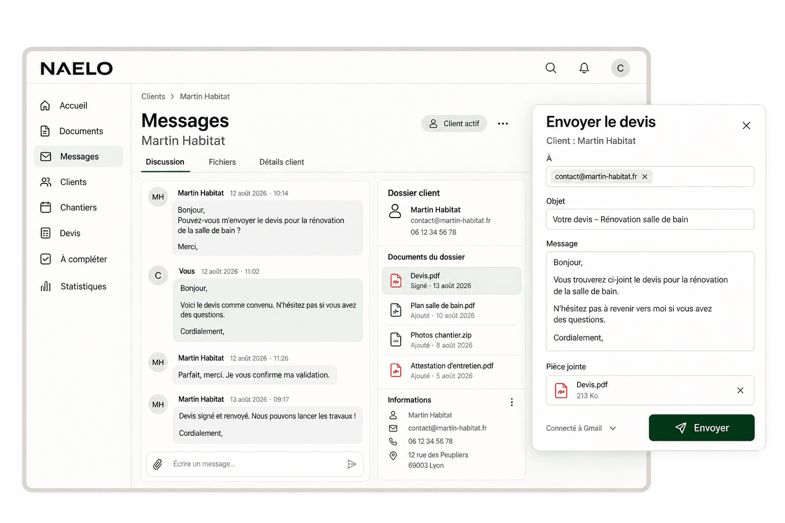 Illustration NAELO d’un devis prêt à envoyer depuis la boîte mail connectée