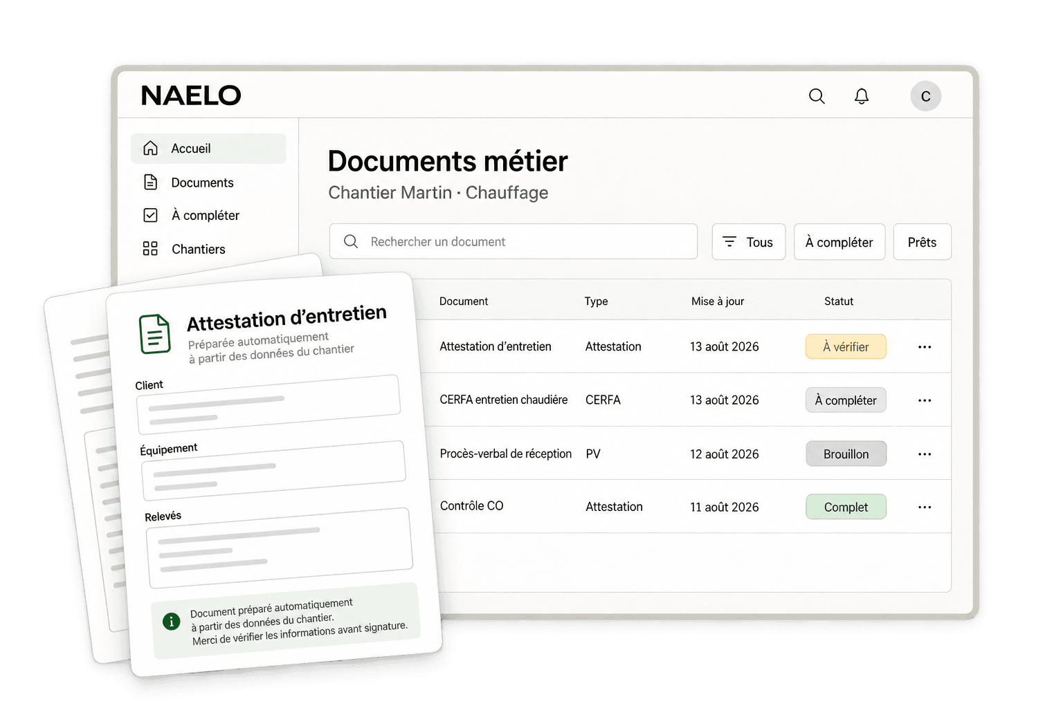 Illustration NAELO des relevés repris dans une attestation à vérifier par l’intervenant