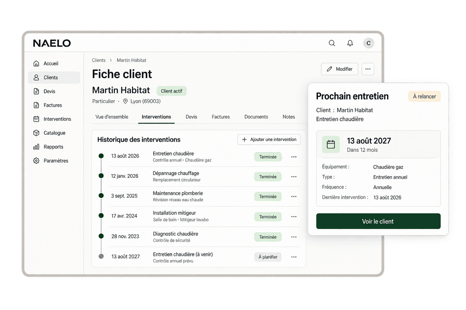 Illustration NAELO d’un entretien enregistré et de sa prochaine échéance