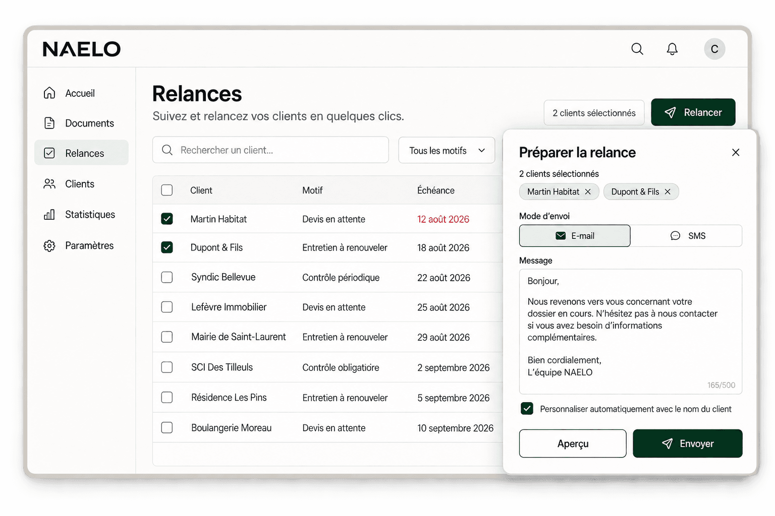 Illustration NAELO de la sélection de clients à relancer et de la préparation d’un message par SMS ou e-mail