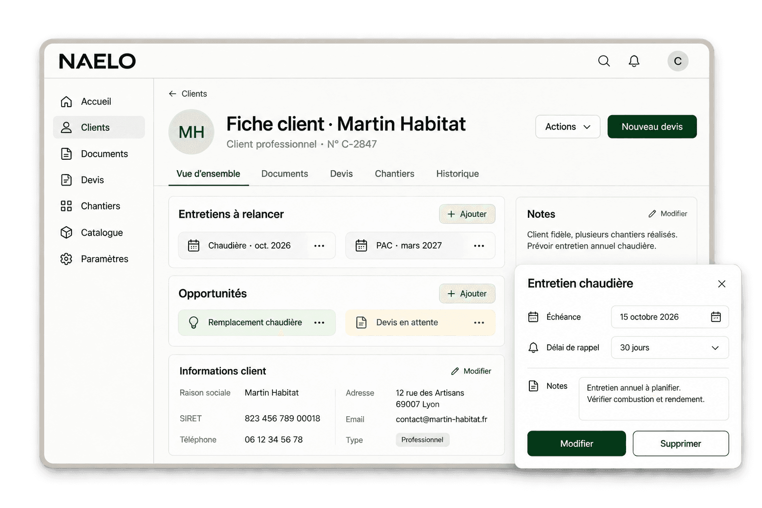 Illustration NAELO des entretiens et opportunités sur une fiche client, avec le détail d’une échéance