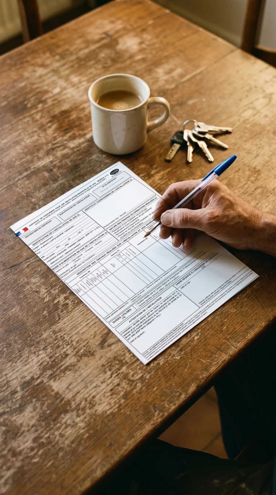 Plombier consultant un document de chantier dans une cuisine