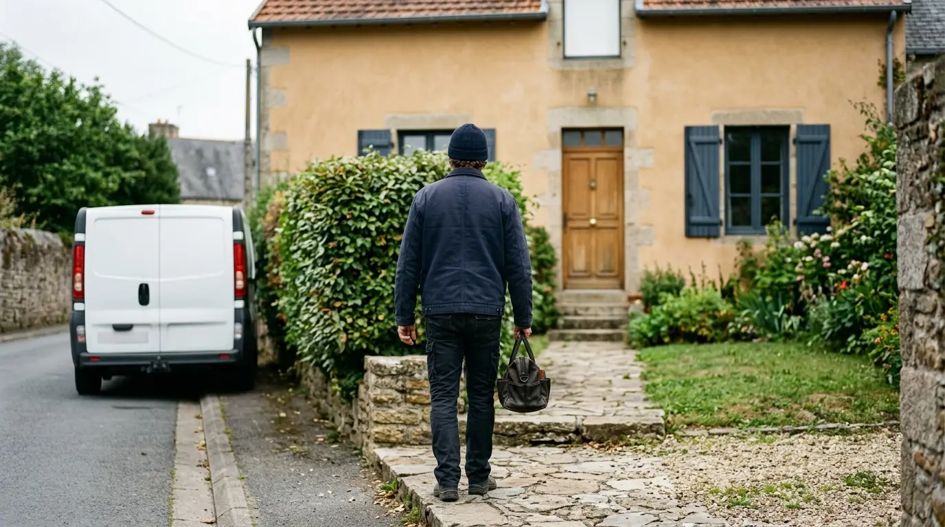 Un artisan remonte l’allée d’une maison, sacoche à la main, son fourgon garé derrière lui