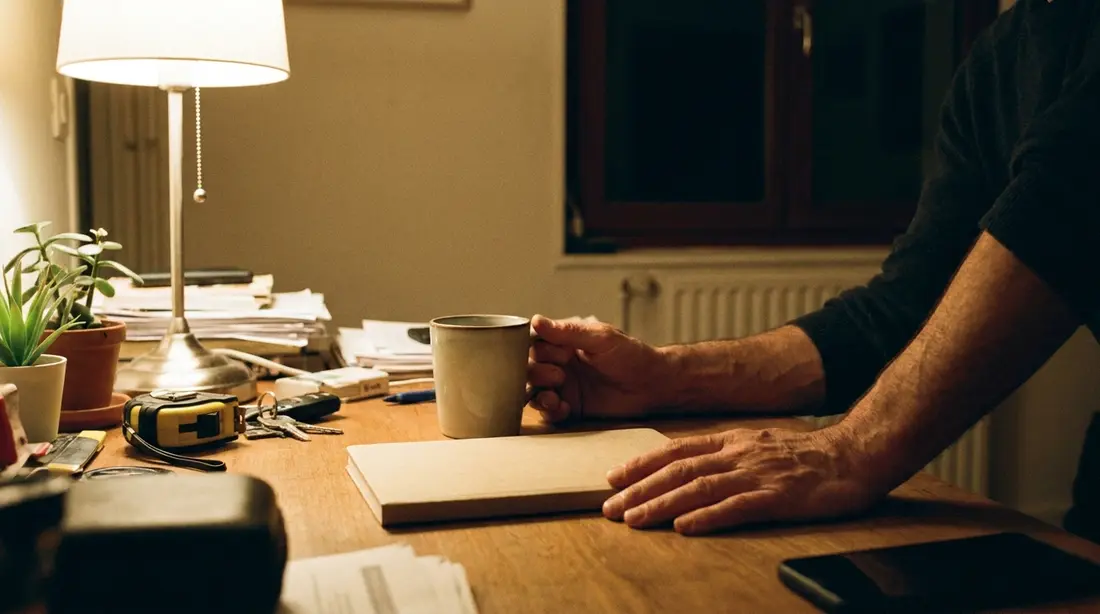 Un artisan consulte ses dossiers et prépare ses documents
