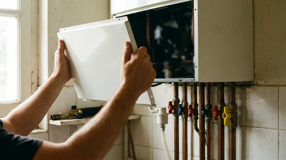 Un artisan vérifie l’entretien d’un équipement chez un client