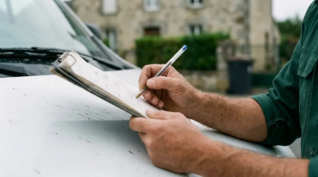 Un artisan complète un document sur le capot de son véhicule