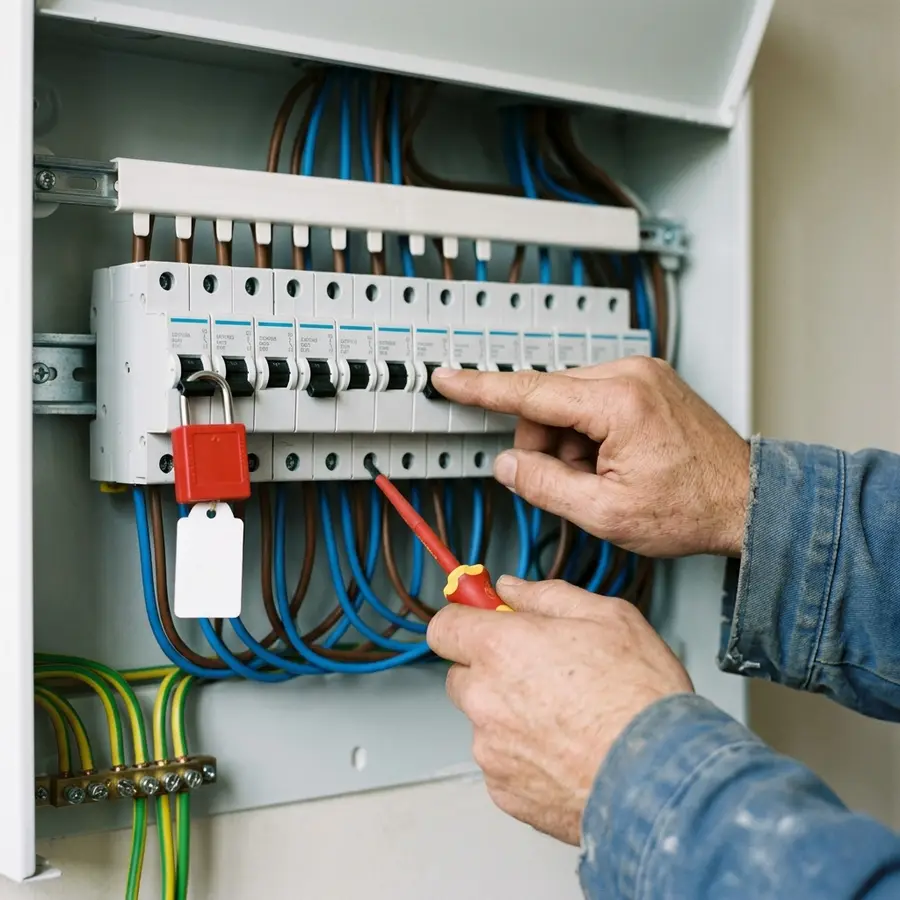 Un électricien travaille sur un tableau ouvert, cadenas de consignation posé sur la rangée de disjoncteurs