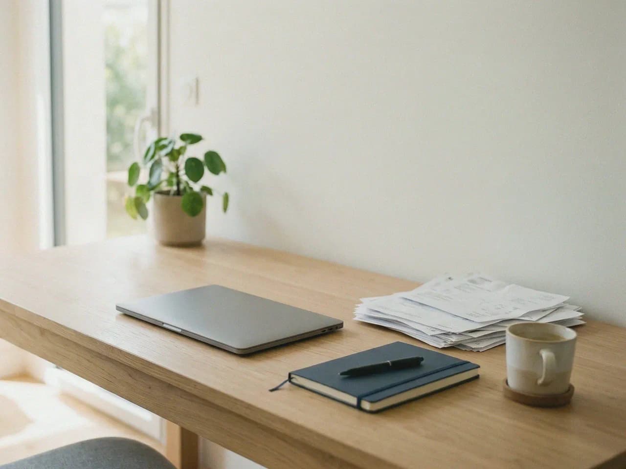 Une table de travail avec un ordinateur fermé, un carnet et une pile de factures
