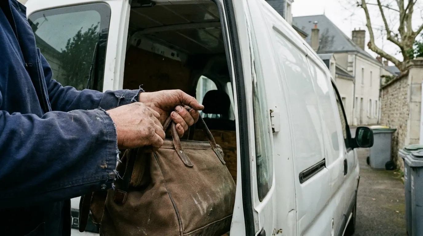 Les mains d’un artisan chargent sa sacoche dans le fourgon, au départ de la tournée